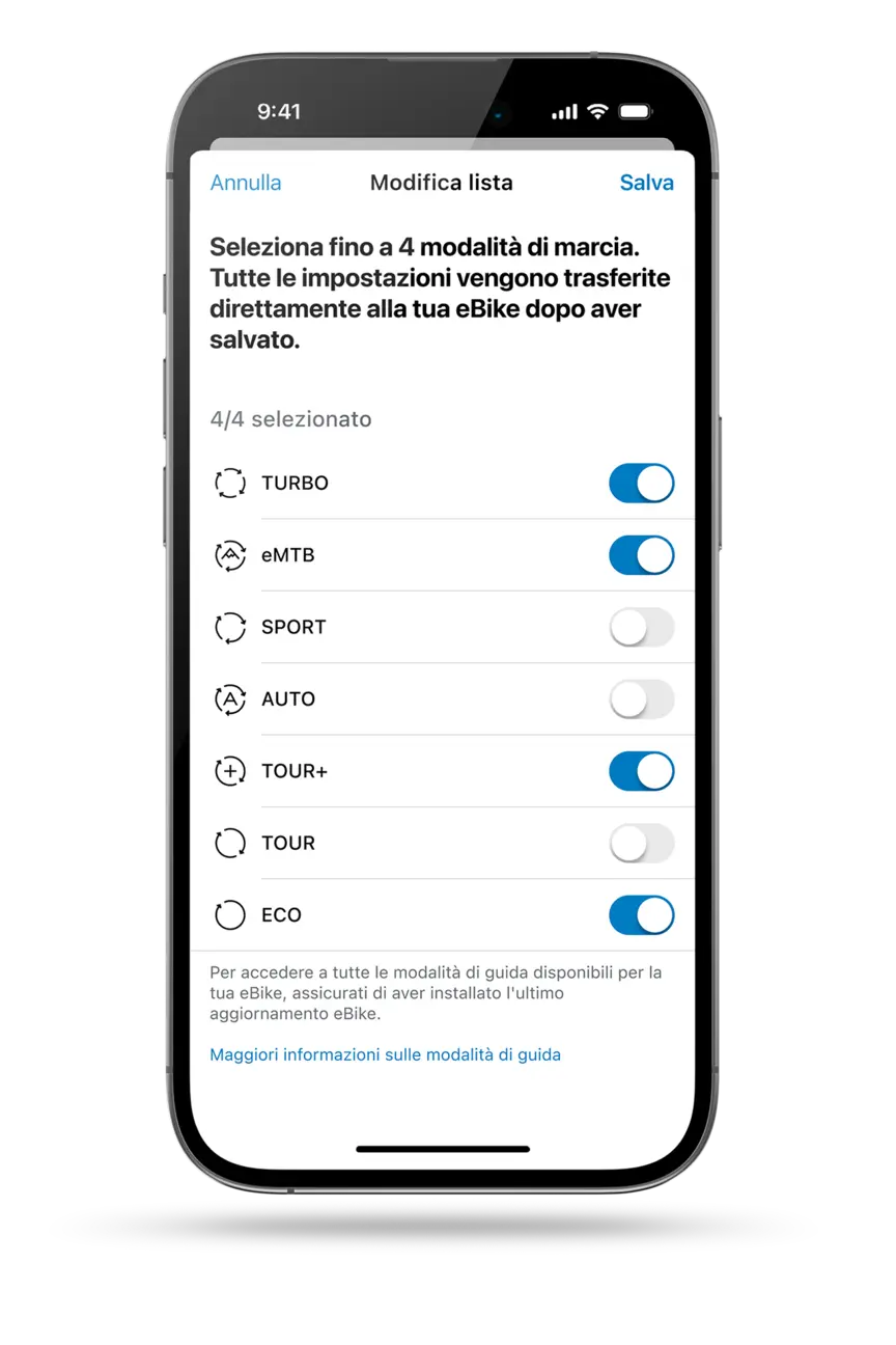 Rappresentazione facoltativa di un telefono che rappresenta la selezione della modalità nella app eBike Flow.