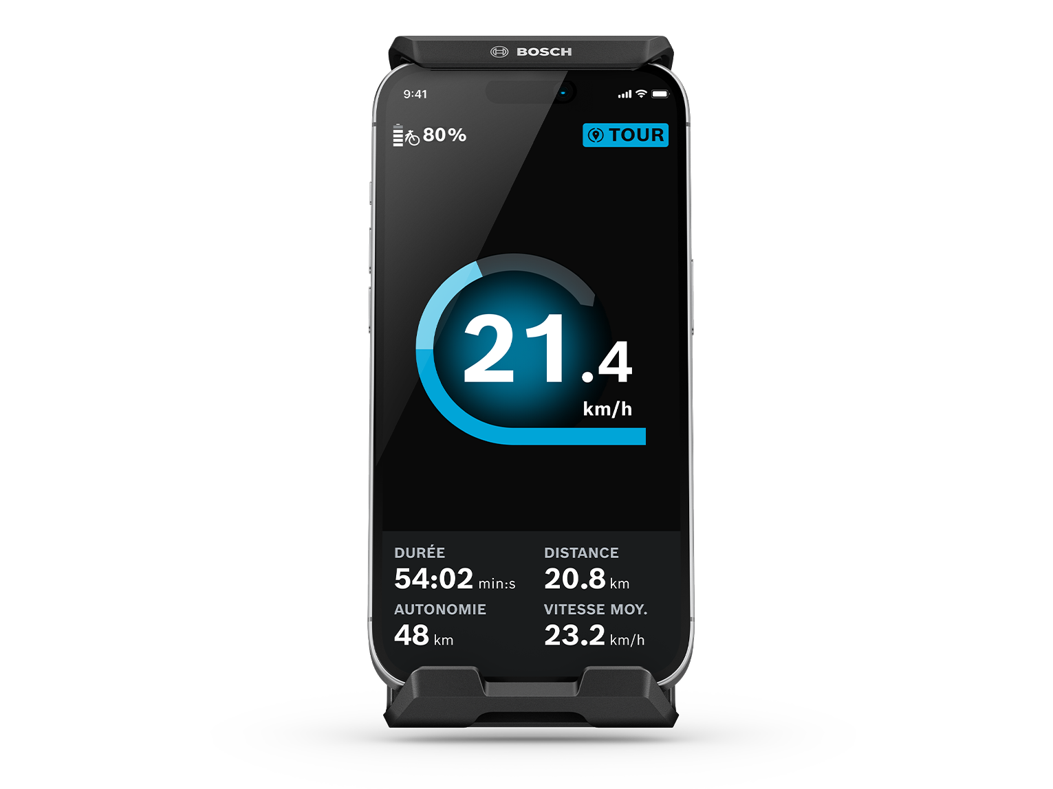 Un smartphone à clipper qui sert d’ordinateur de bord et se fixe dans le SmartphoneGrip Vertical. L’écran Ridescreen s’affiche.