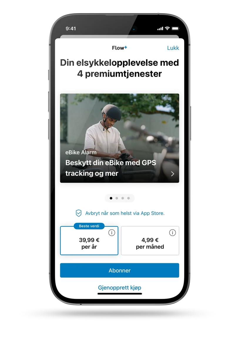 Skjermbilde av den åpne eBike Flow-appen viser abonnementsalternativer: Flow+ til 39,99 € per år eller 4,99 € per måned.