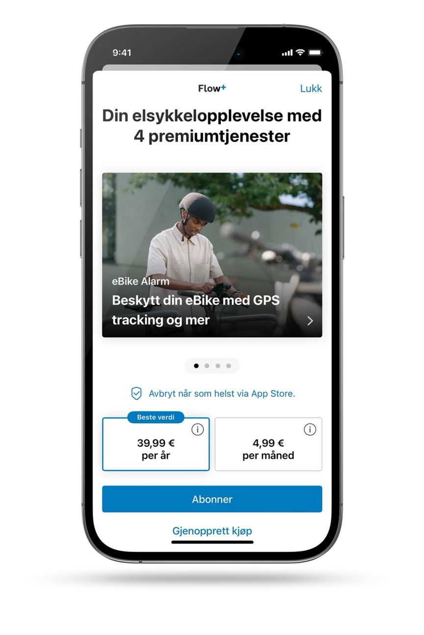 Skjermbilde av den åpne eBike Flow-appen viser abonnementsalternativer: Flow+ til 39,99 € per år eller 4,99 € per måned.