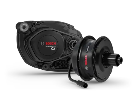 Motorisations VAE moteur Performance Line CX 384Y isolé sur fond blanc et la ligne Bosch VAE Hub Line MY27.