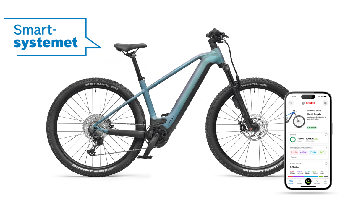 Blå elsykkel beskåret med en blå snakkeboble som viser "The Smart System". Foran den står en smarttelefon som viser hjemmesiden til eBike Flow-appen.