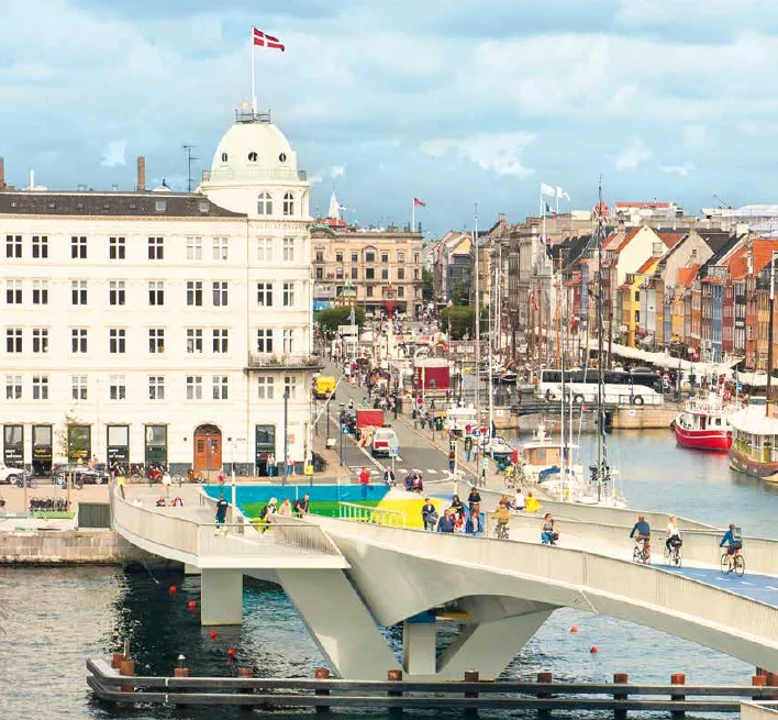 Padestrians and bike riders on a bridge in Amsterdam