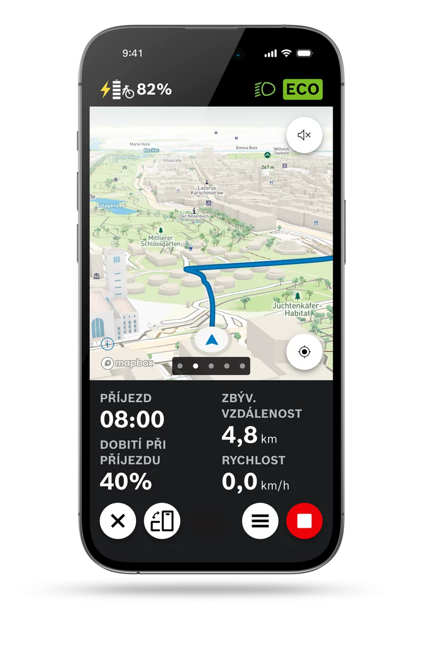 aplikace eBike Flow: Snímek obrazovka zobrazení mapy navigace s 3D mapou.