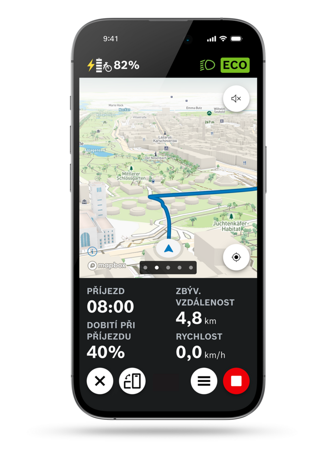 aplikace eBike Flow: Snímek obrazovka zobrazení mapy navigace s 3D mapou.