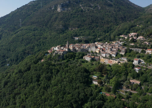 Vue sur un village de montagne niché entre une forêt et le flanc de la montagne.