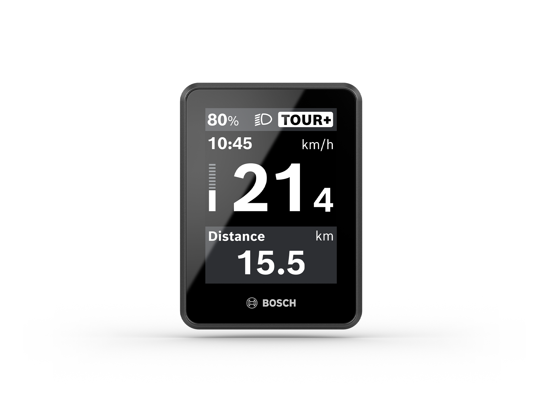 Gros plan sur le VAE avec écran Intuvia 200, qui affiche des informations sur la vitesse, le niveau de batterie, le mode de conduite et la distance.