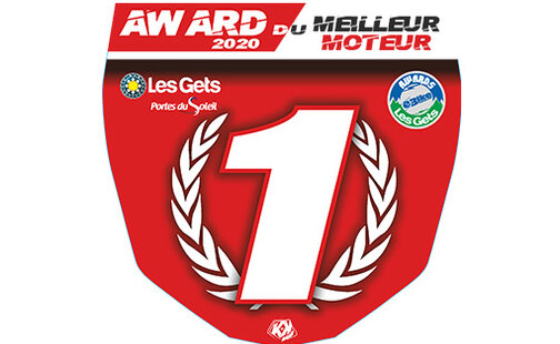 Icon mit dem Text "AWARD 2020 DU MEILLEUR MOTEUR": Ein rotes Wappen mit der Zahl eins in der Mitte, die von einem Lorbeerkranz umschlossen ist.