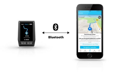 Il display Kiox si sincronizza tramite Bluetooth con l'app eBike Flow durante la navigazione.