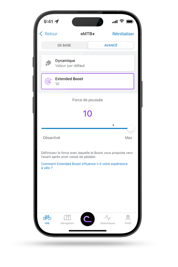 Vue de l’application eBike Flow de Bosch affichant le réglage « Extended Boost » dans le mode eMTB+. Le curseur de la poussée après le pédalage est positionné sur 10.