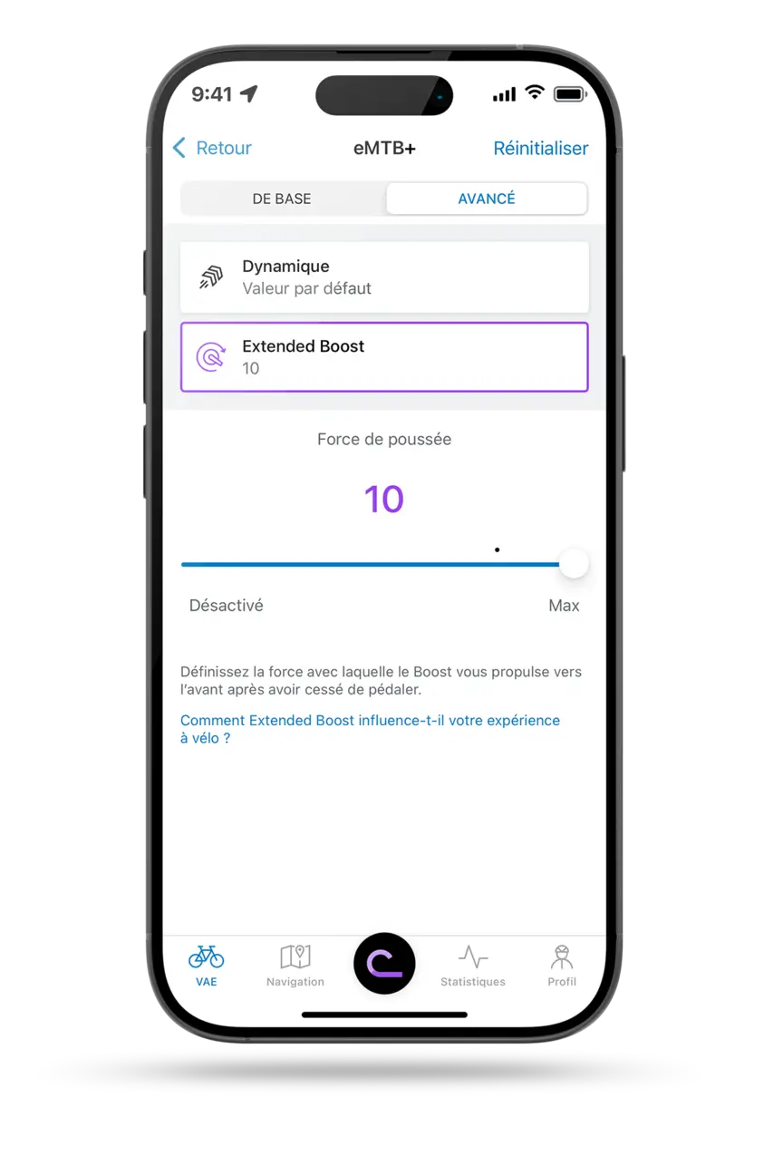 Vue de l’application eBike Flow de Bosch affichant le réglage « Extended Boost » dans le mode eMTB+. Le curseur de la poussée après le pédalage est positionné sur 10.