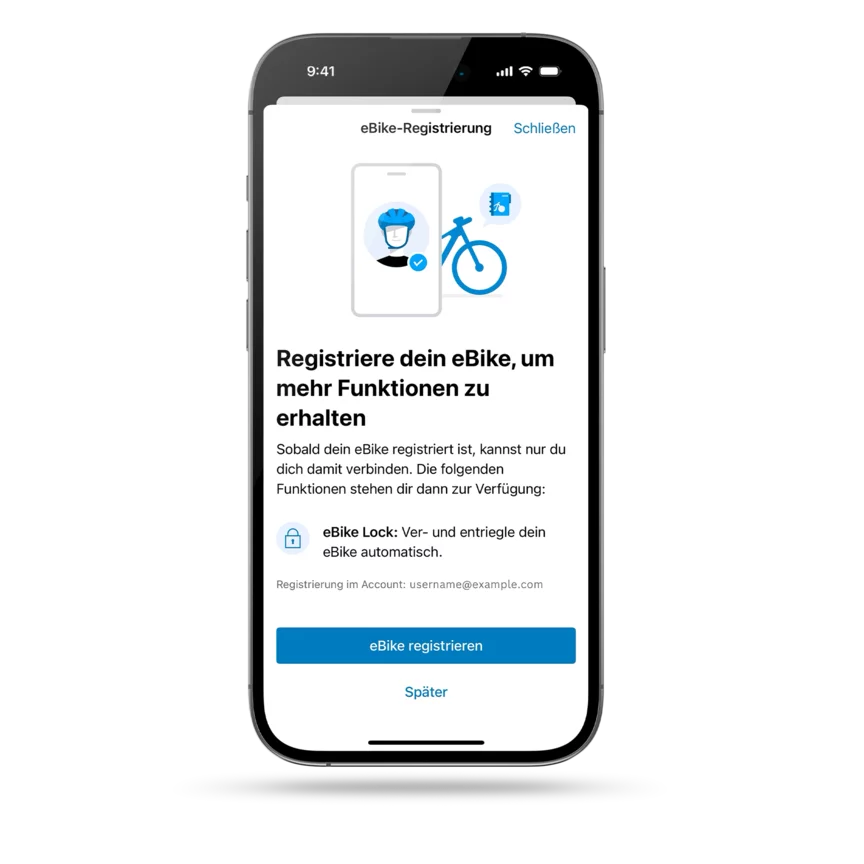 Auf einem freigestellten Smartphone ist die Möglichkeit zur Registrierung eines eBikes zu sehen.