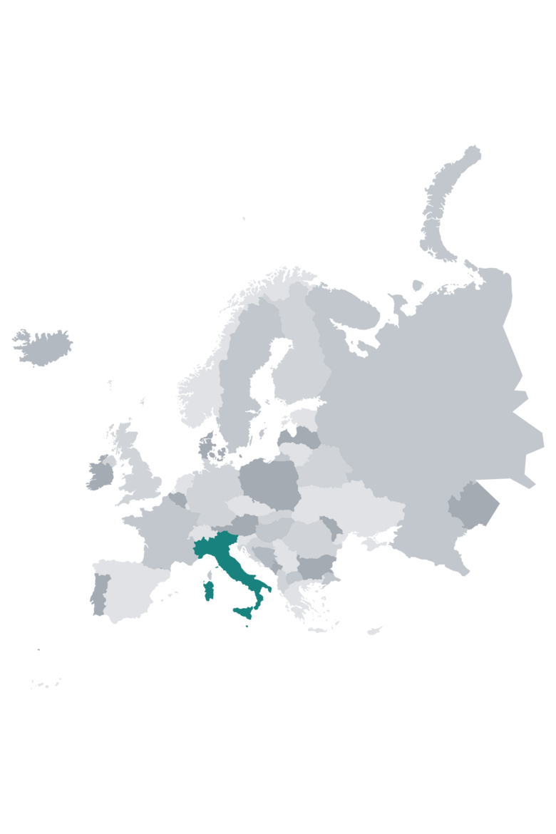 Carte de l’Europe. Elle montre l’Italie en vert, tandis que tous les autres pays sont représentés dans les nuances de gris.