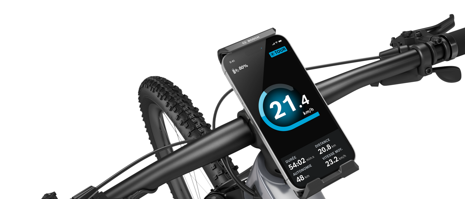 Détail du guidon d’un vélo électrique, où un SmartphoneGrip Vertical avec un smartphone inséré est positionné au centre.