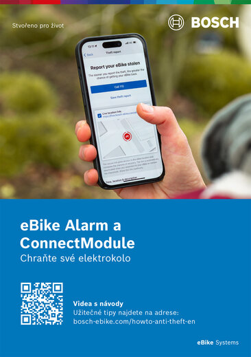 Brožura s produktovým obrázkem eBike Alarm a modulu Connect.