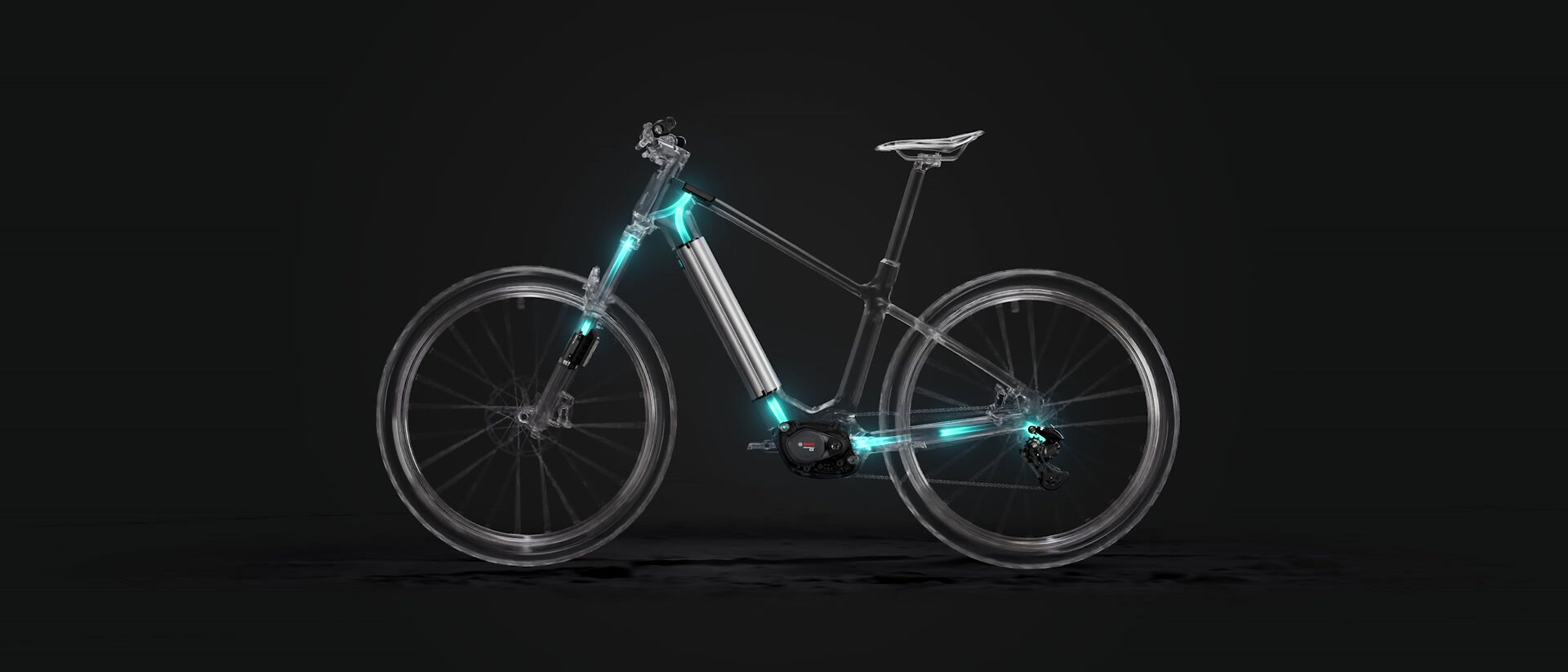 Animated video of a bike using blue light pulses to show the connection of smart devices such as a display, a smartwatch, smart glasses, and a helmet.