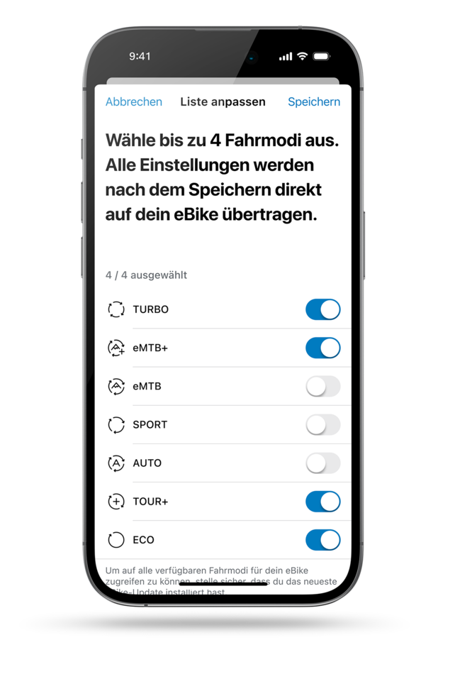 Screenshot der eBike Flow App: Liste der verfügbaren Fahrmodi (Turbo, eMTB+, eMTB, Sport, Auto, Tour+, Eco) zur individuellen Anpassung des eBikes. Maximal vier Fahrmodi sind auswählbar. Ausgwählt sind ”Turbo, eMTB+, Tour+ und Eco)
