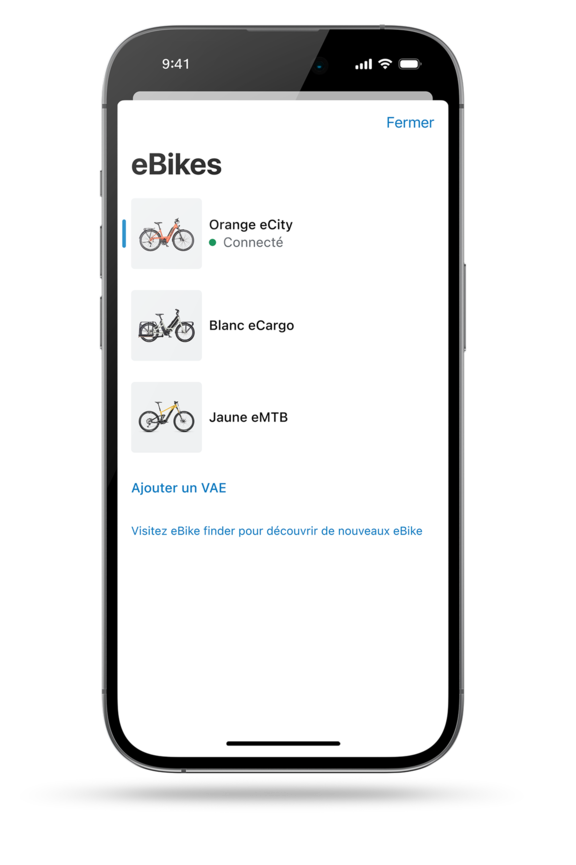L'application eBike Flow est présentée avec un écran isolé à titre d'illustration. L'écran met en avant le garage numérique de l'application eBike Flow, qui affiche trois modèles de VAE différents.