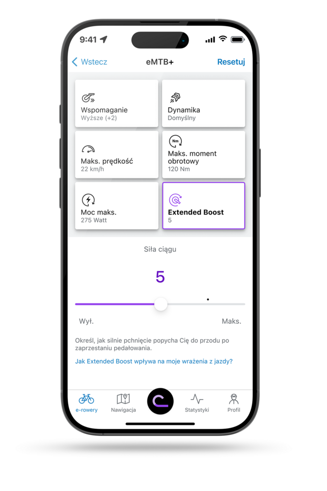 Smartfon, który pokazuje aplikacja eBike Flow z otwartym Extended Boost w tryb eMTB+.