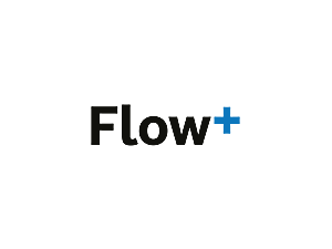 Logo Flow+: Schriftzug 'Flow+' in schwarz auf weißem Hintergrund mit dem Plus in blau dargestellt.