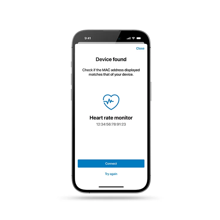 A freestanding phone displays the option to connect a heart rate monitor.