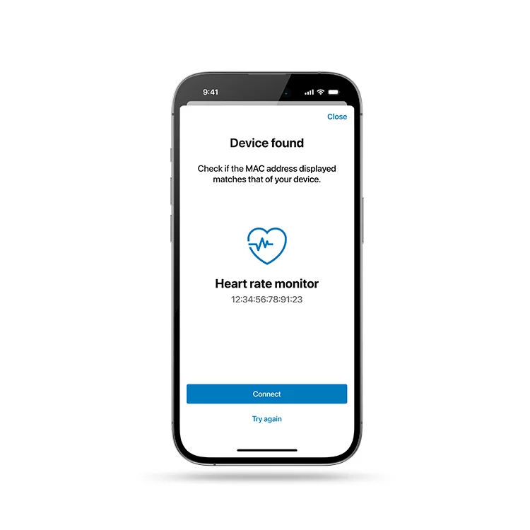 A freestanding phone displays the option to connect a heart rate monitor.