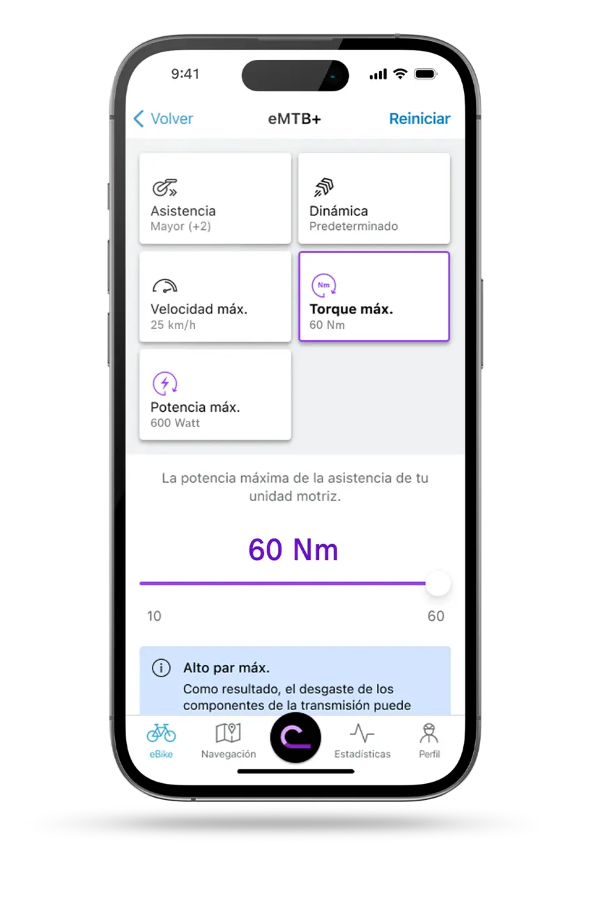 Captura de pantalla del teléfono display que muestra las opciones y ajustes de potencia.