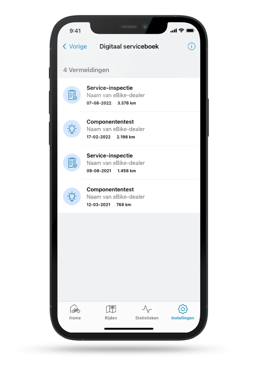 Bijgesneden smartphone met de geopende eBike Flow-app, waarin de digitale onderhoudsboeken worden weergegeven.