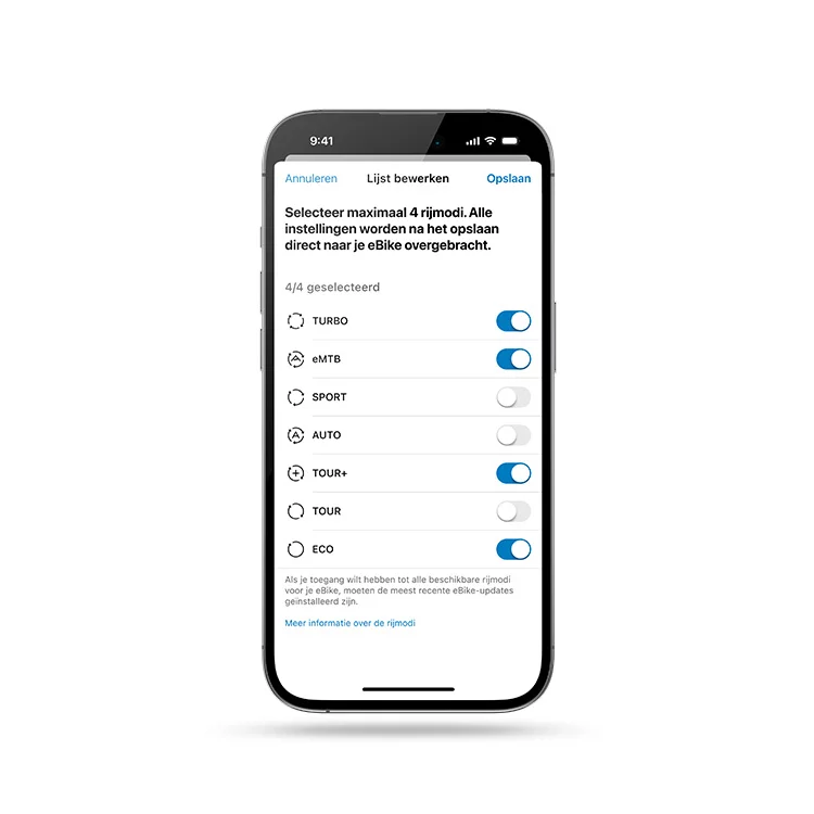 Uitgelichte smartphone met geopende eBike Flow-app waarin de modusselectie zichtbaar is.