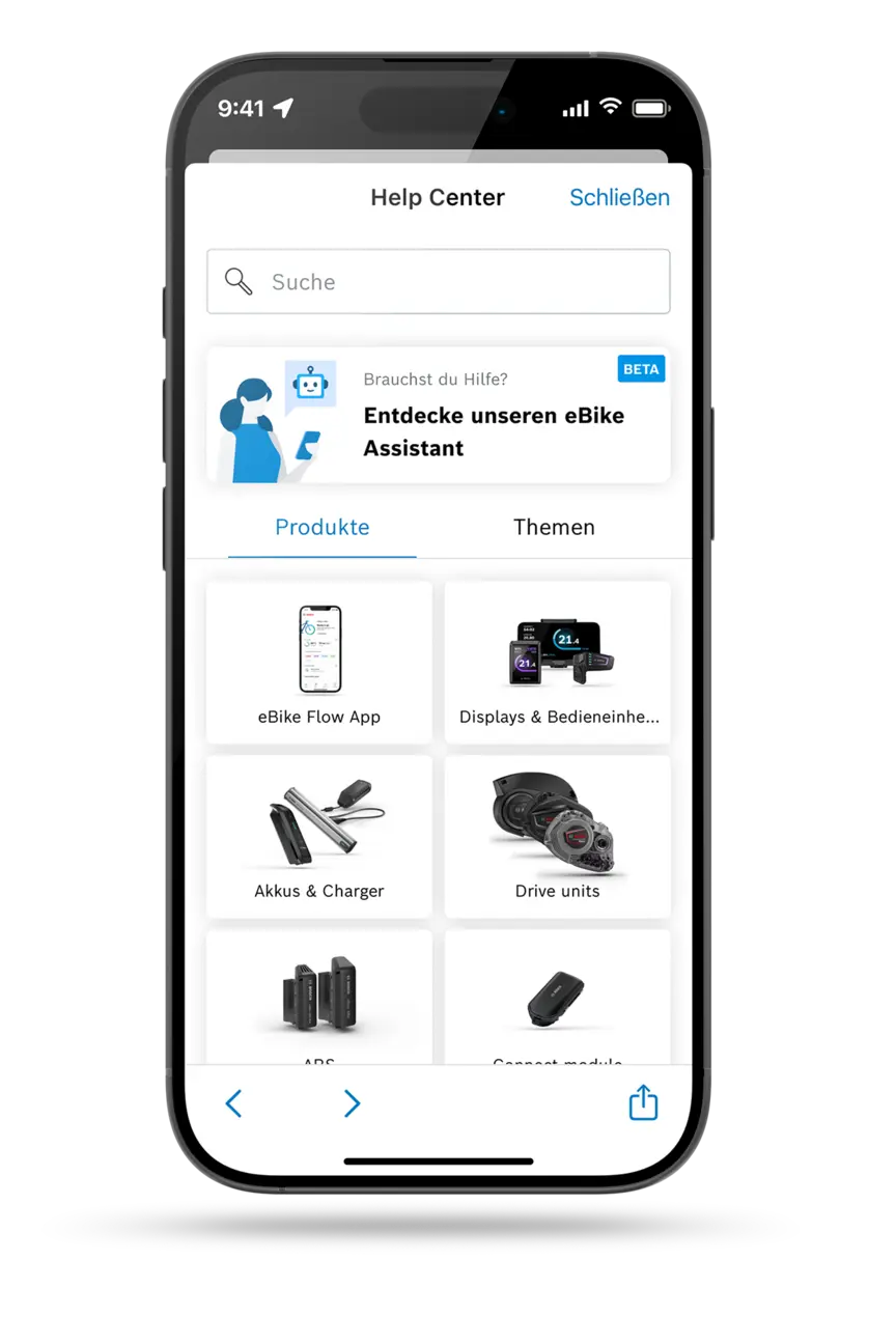 Screenshot der E-Bike-Help-Center-App. Übersicht über Komponenten wie App, Akkus, Displays und Antriebseinheiten zur Problemlösung.