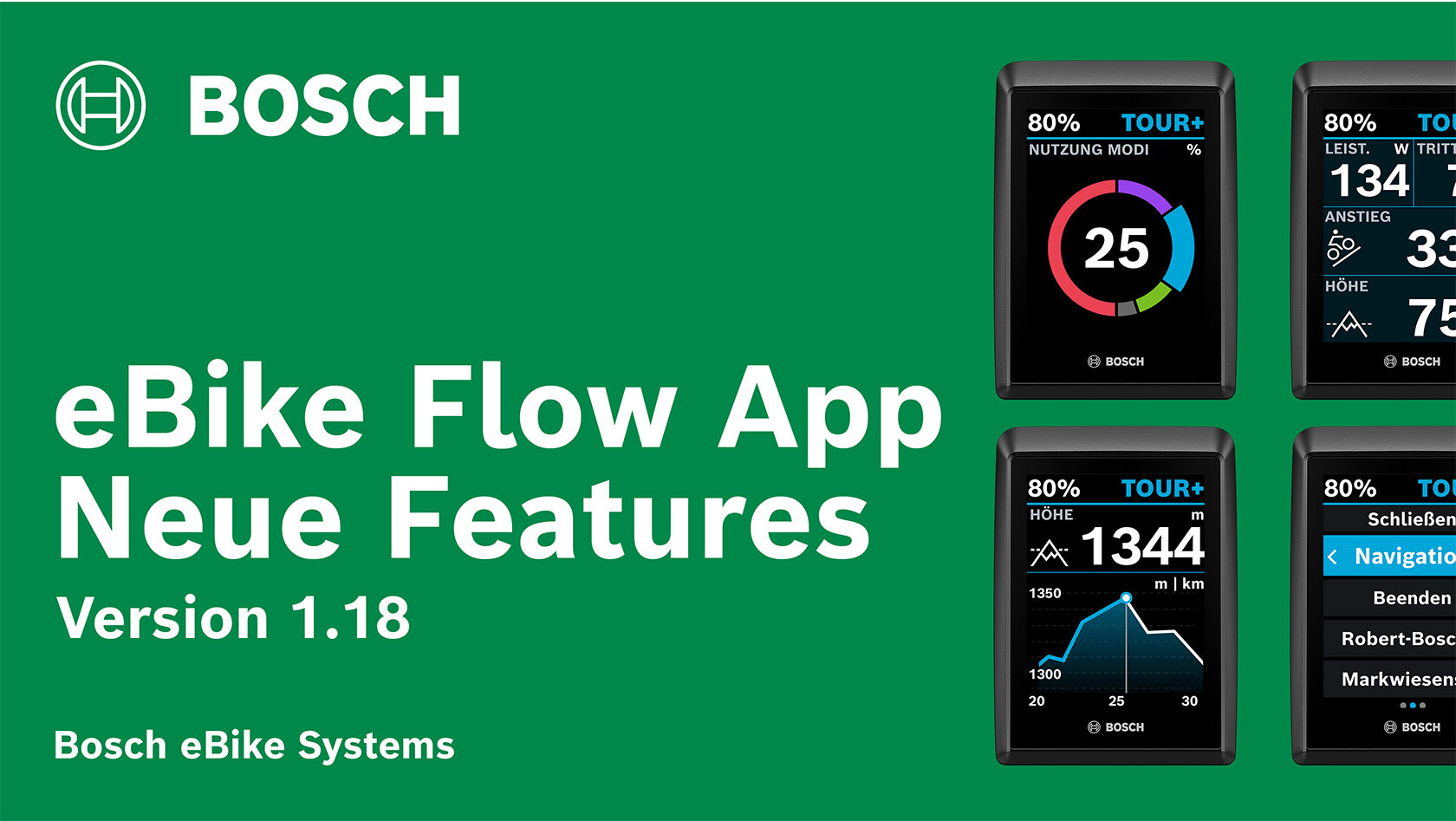 The text "eBike Flow App New Features Version 1.18 Bosch eBike Systems" is displayed in white font on a green background. The Bosch logo is positioned in white on the top left, while Kiox displays are featured in a cropped presentation on the right.