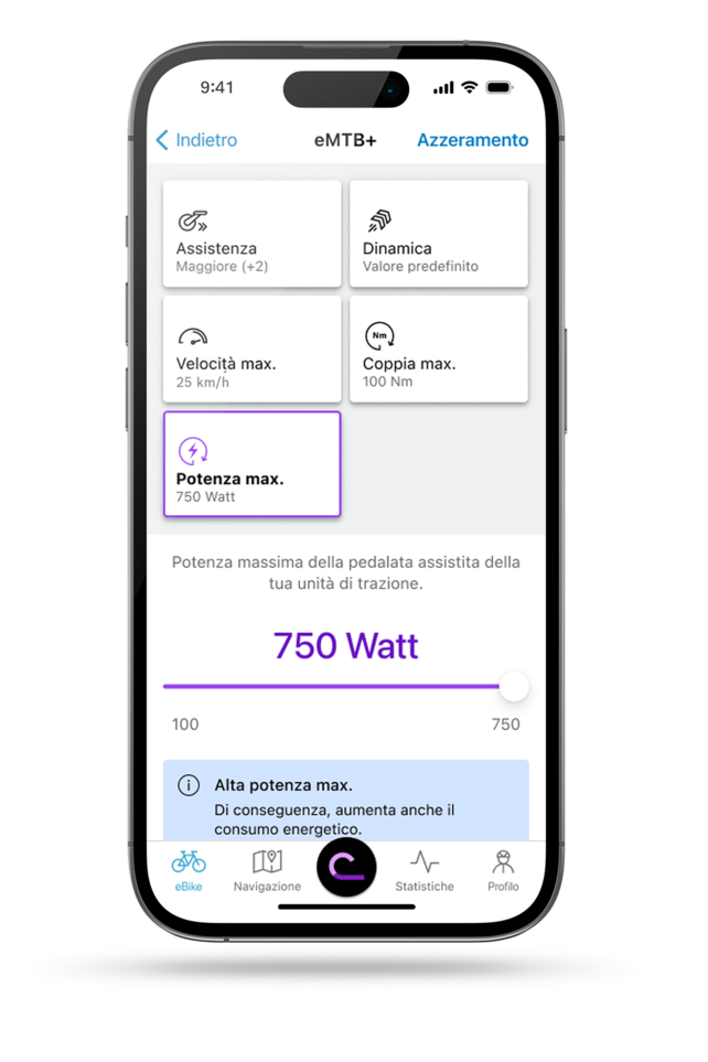Schermata dell'app eBike Flow con display dell'impostazione delle prestazioni.