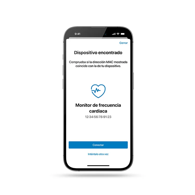 En un teléfono recortado se muestra la opción de conectar un medidor de frecuencia cardíaca.