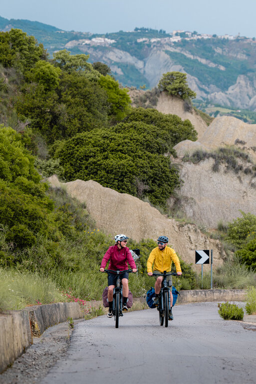 Une femme et un homme gravissent une montagne avec leurs eBikes.