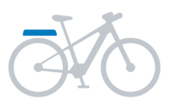 Icona di un'eBike grigia con batteria blu sul portapacchi.