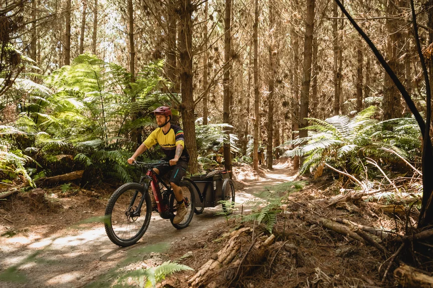A Cargo eBike rider rides through a forest, photographed from the side.