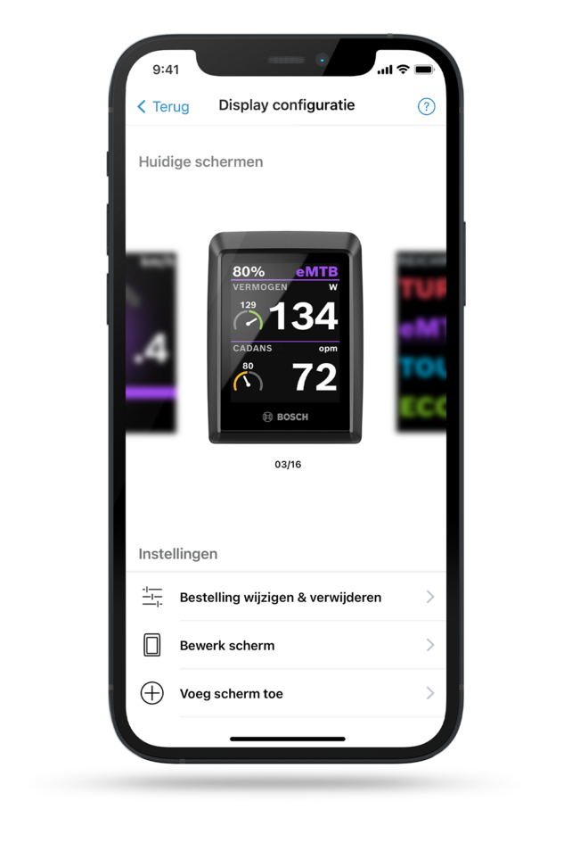 Screenshot van het smartphone-display waarop de displayconfiguratie in de eBike Flow-app wordt weergegeven, inclusief mogelijke instellingen.