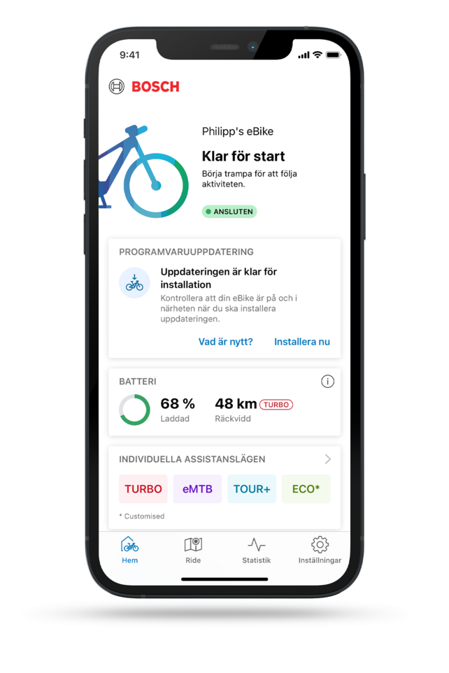 Startsidan för eBike Flow-appen visar information om eBike, batterinivån, körlägen och kommande underhåll.