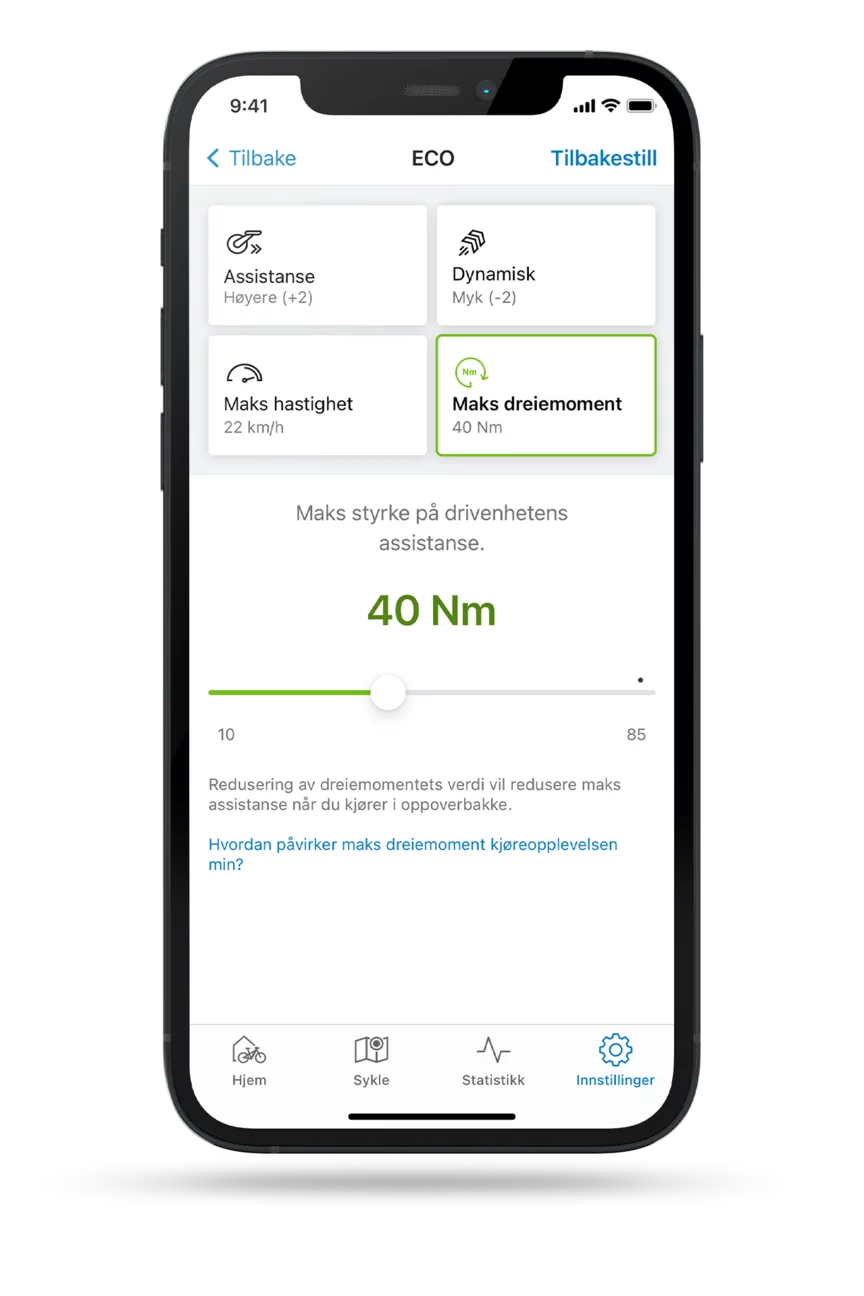 Beskåret skjermbilde av eBike Flow-app med åpen innstilling for å begrense maksimalt dreiemoment i ECO-modus