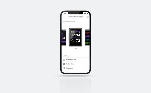 Skærmbillede af smartphone-displayet, der viser konfigurationen af displayet i eBike Flow-appen, inklusive mulige indstillinger.