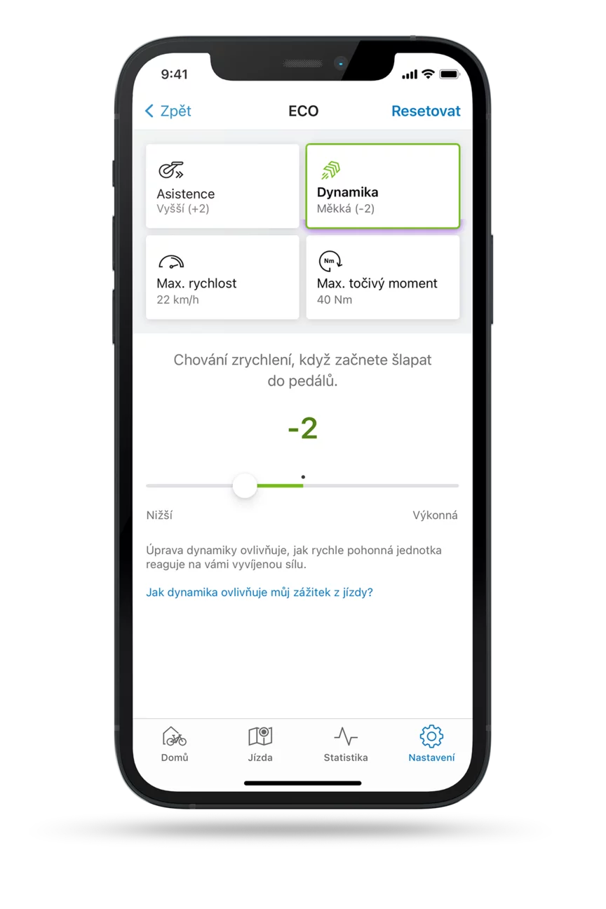 Izolovaný screenshot eBike Flow App s otevřeným nastavením jízdní dynamiky v režimu ECO.