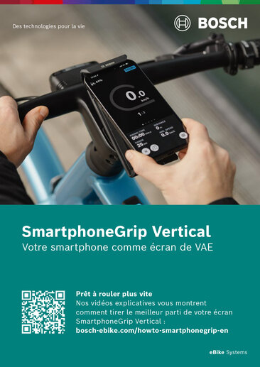 Le SmartphoneGrip Vertical est fixé sur un guidon de vélo et t’affiche l’écran Ride.