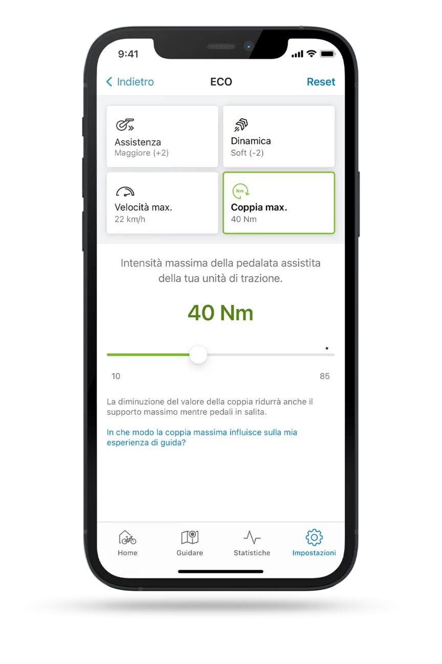 Screenshot ritagliato dell'app eBike Flow con l'impostazione aperta per limitare la coppia massima in modalità ECO