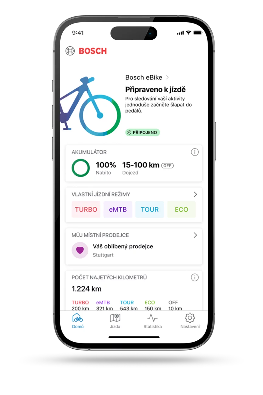 Freigestelltes Smartphone s otevřenou domovskou obrazovkou aplikace eBike FlowApp.