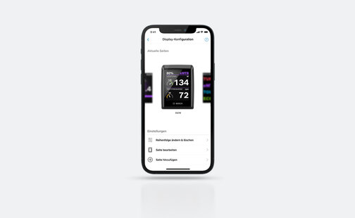 Screenshot des Smartphone-Displays, der die Display-Konfiguration in der eBike Flow App anzeigt, inklusive möglicher Einstellungen.