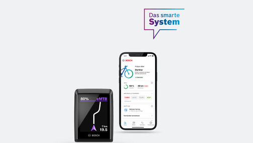 En fristilt smarttelefon med Kiox300 som viser FlowApp eller navigasjon, mot en lysegrå bakgrunn med blå-lilla snakkeboble «Det smarte systemet».