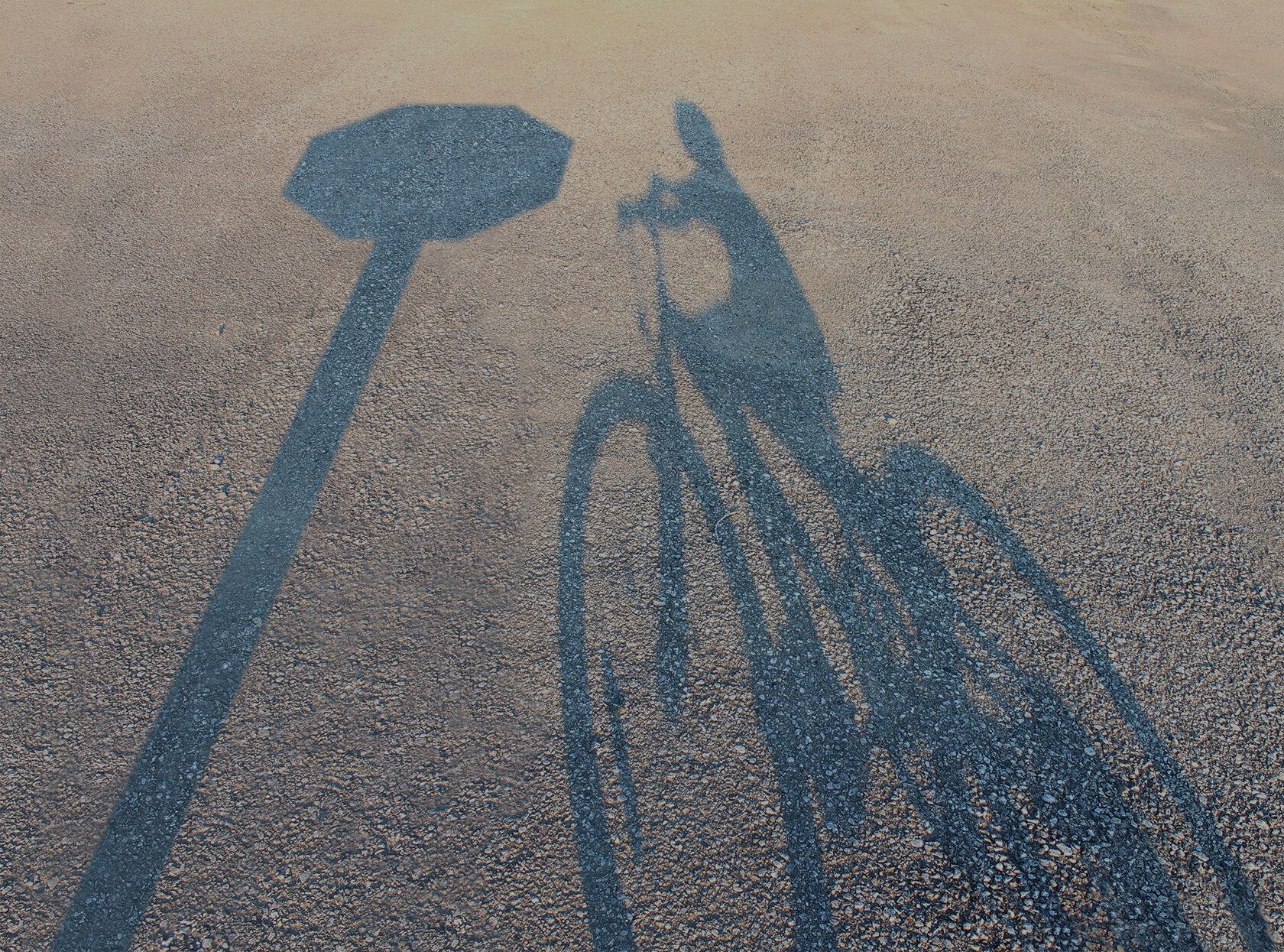 Image d'arrière-plan montrant des ombres projetées sur la route par un vélo électrique avec un cycliste et un panneau d'arrêt