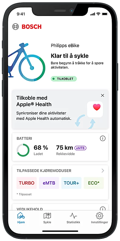 Skjermbilde av smarttelefonens skjerm som viser startskjermen til eBike Flow-appen.