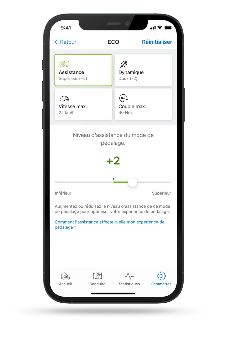 Capture d’écran isolée de l’application eBike Flow avec le réglage ouvert pour la fonction assistance en mode ECO.