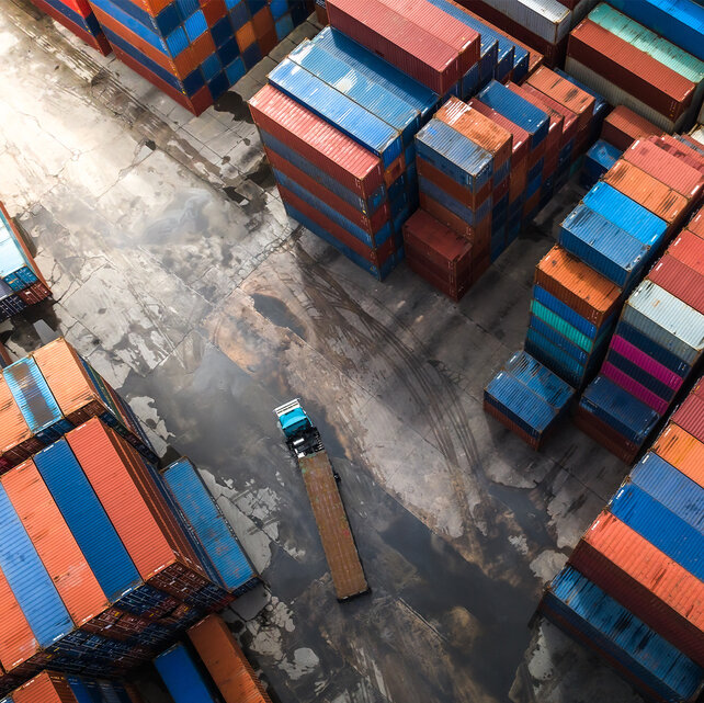 Vogelperspektive eines Platzes mit mehreren, gestapelten Containern und eines Lastwagens, der mit einem dieser Container langfährt.